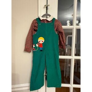 Vintage Fischel by Johnston Kids 3T Green Corduroy Overalls Plaid Shirt Set